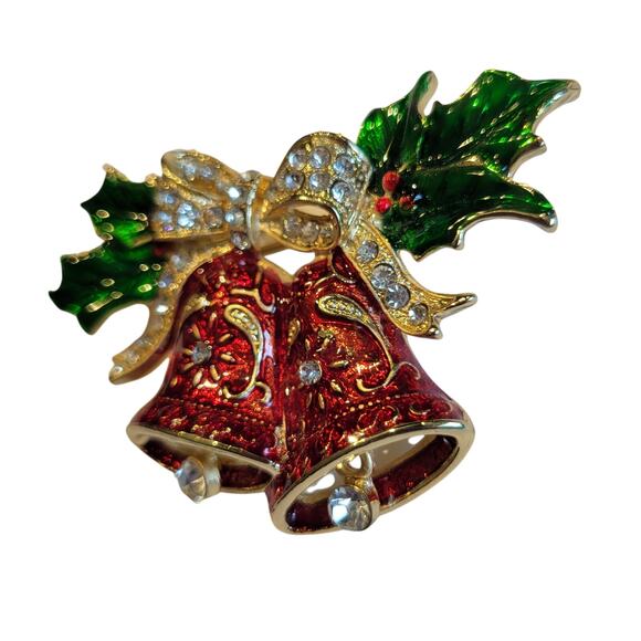 Vintage Christmas Bells Brooch Red Enamel Green Holly Gold Tone Rhinestone Bow - Picture 2 of 11
